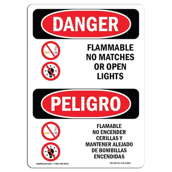 Safety Sign, OSHA, 5" Height, Flammable No Matches Open Lights Spanish, 10PK